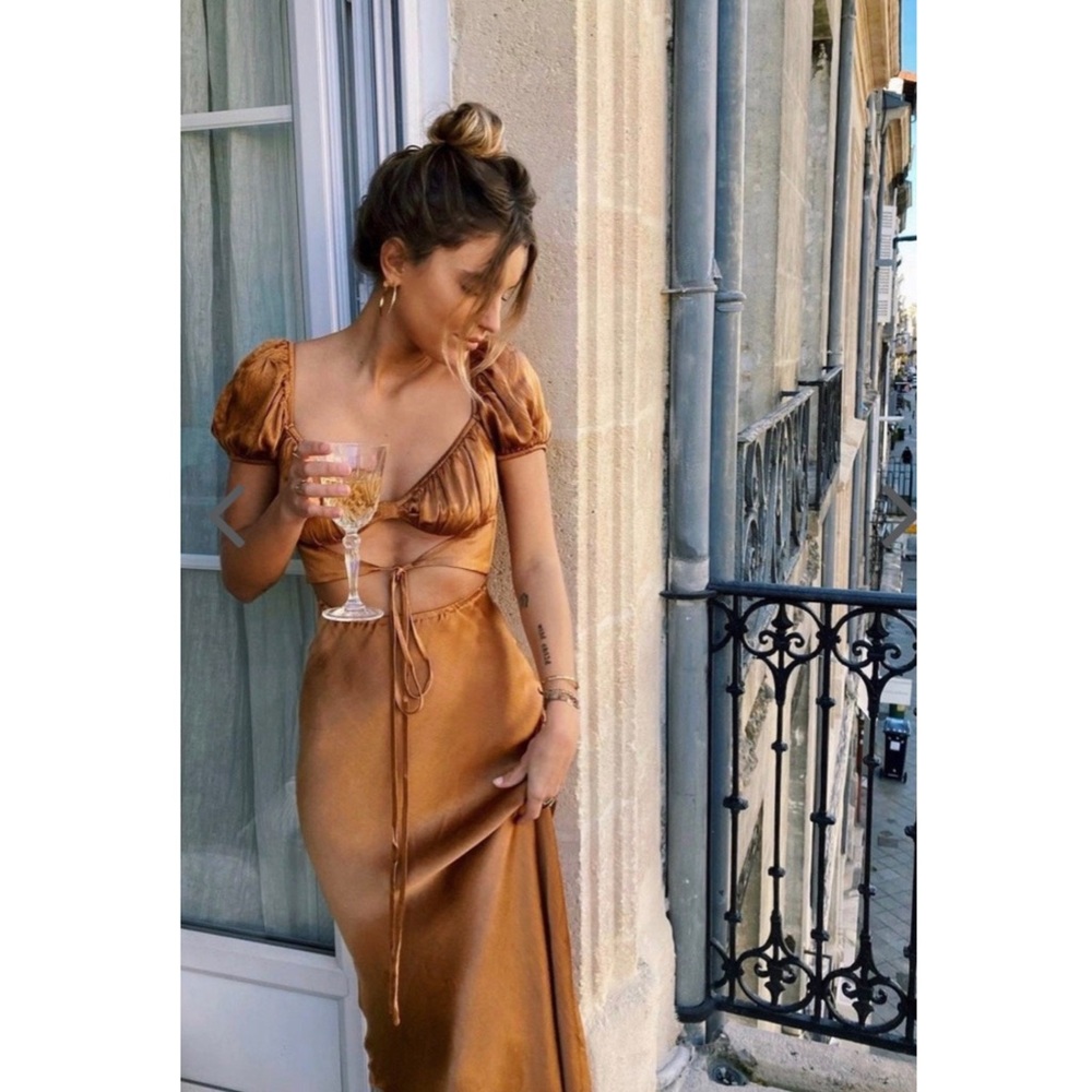 Verge Girl Copper Satin Cutout Maxi Dress